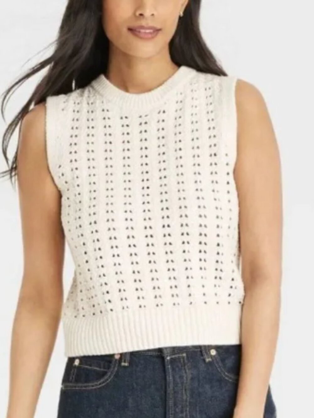 Sweater Vest Cream Knit Sleeveless Open Knit Cropped Sz L Academia Old Money